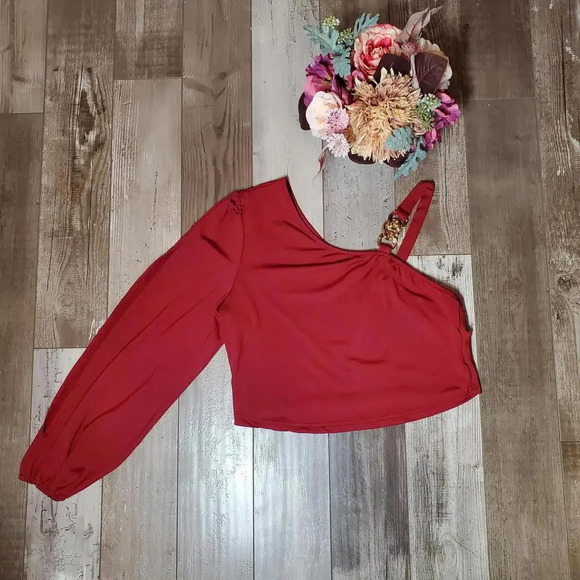 SHEIN Curve Red and Gold Crop Top Blouse Size 0XL Chain Detail NWOT - Picture 2 of 15